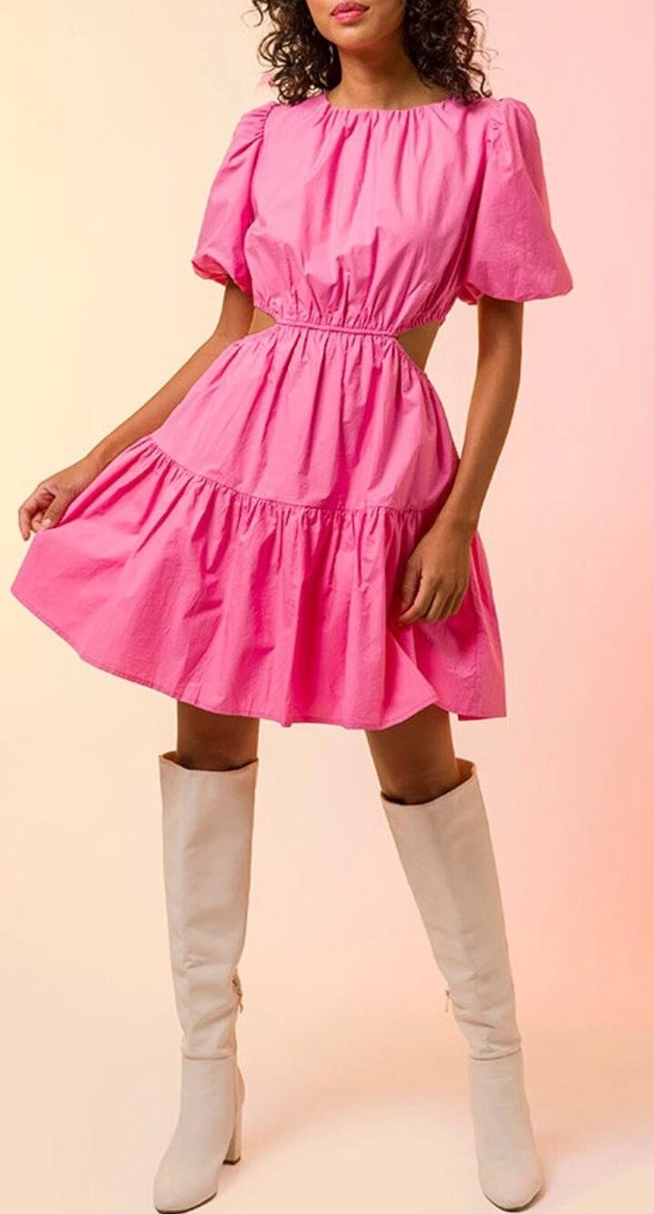 Line & Dot Pink Jenna Cut Out Puff Sleeve Tiered Babydoll Mini Dress Medium M 🌸